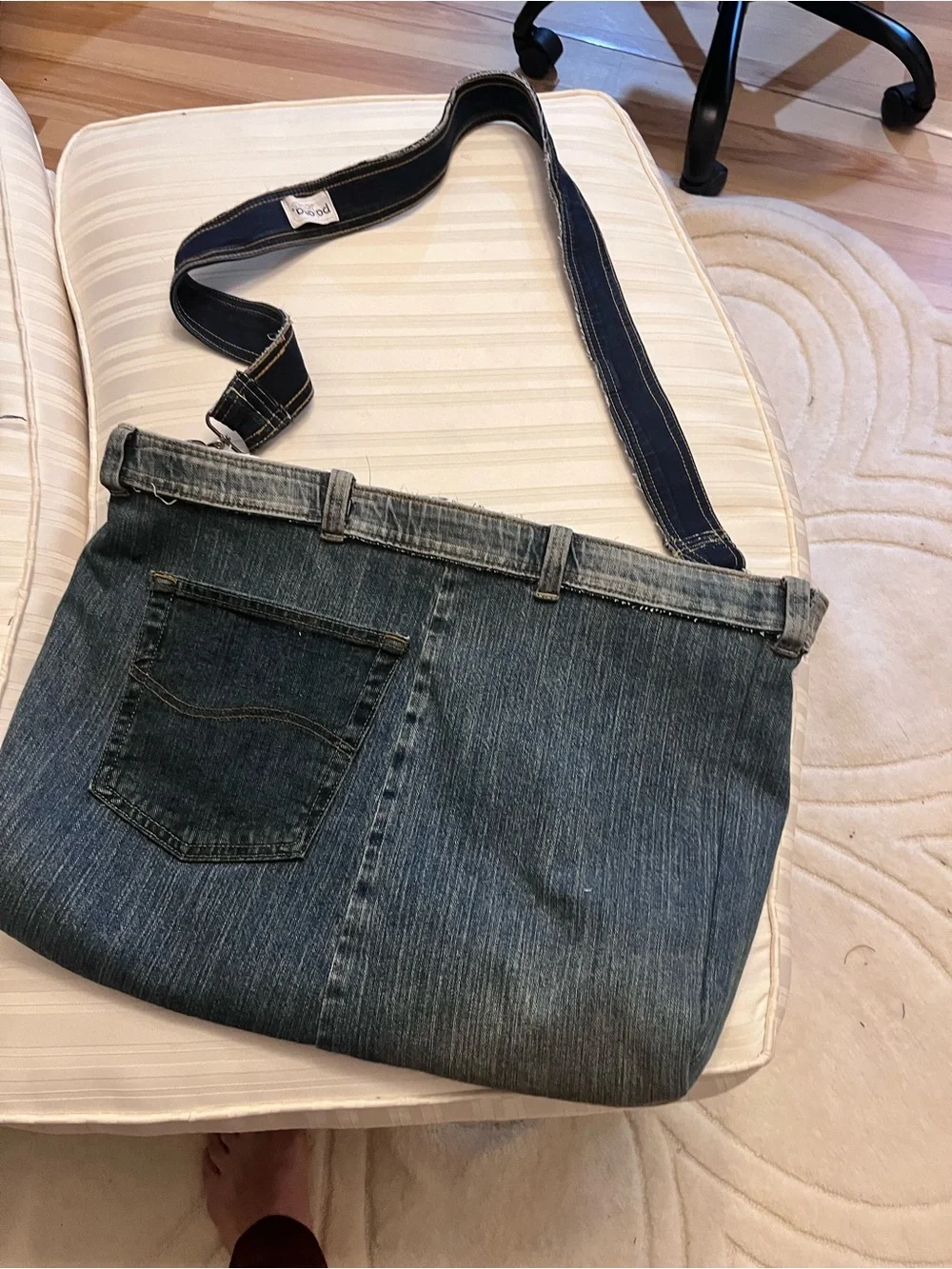 Large unisex Denim Crossbody Tote Bag/laptop holder with Navy Strap
